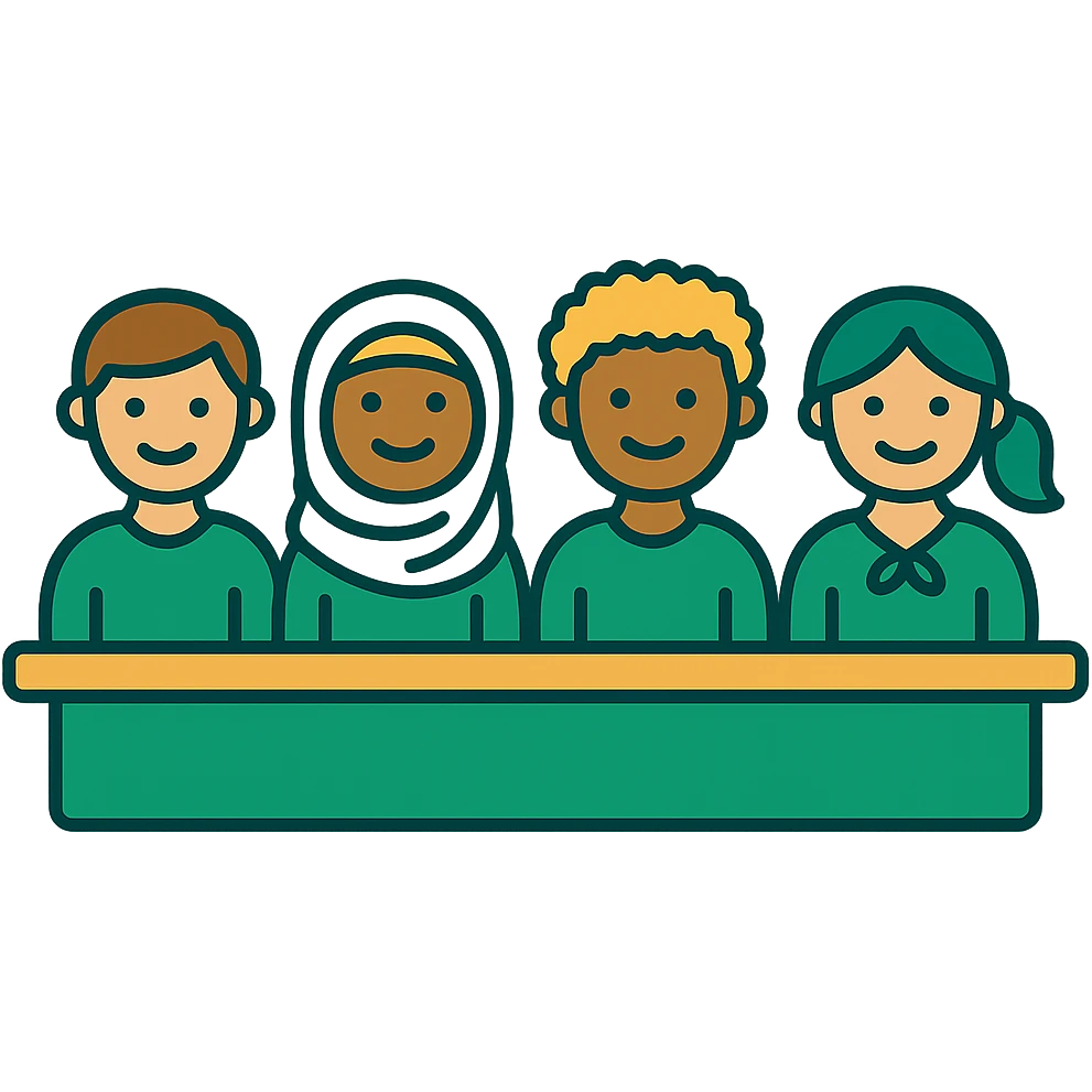 Create a minimalistic illustration of a multicultural class of 6 students using a green, gold, and white color scheme with clean lines and no background. emoji