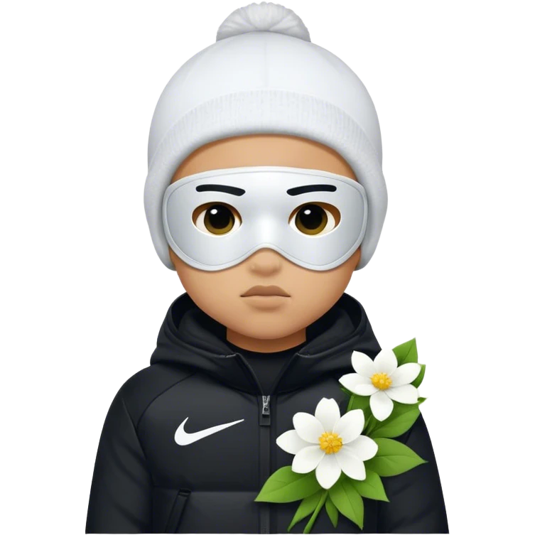 Light skin little boy with a Nike ski mask and wearing a black jacket with white flowers on it emoji