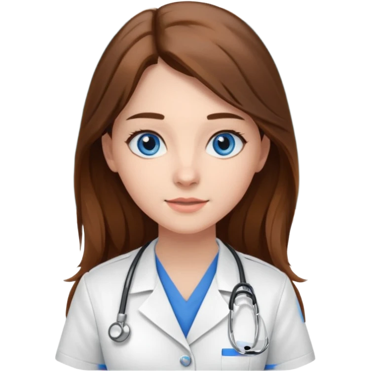 inside a classroom at university, a pretty female nursing student with long brown hair, blue eyes emoji