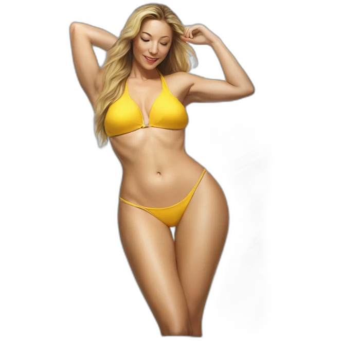 Sexy pose soft-fit Caucasian woman yellow bikini (beach body) bed realistic emoji