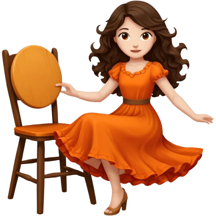 Long dark wavy hair women in orange standing and twirling around a chair  emoji