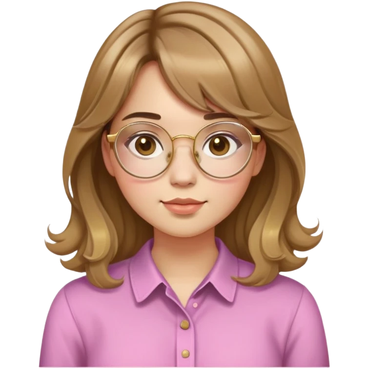 young adult woman with light skin, round face, prominent cheeks, medium plump body, long light brown hair with golden highlights, voluminous and wavy, long bangs over eyebrows, large octagonal glasses with thin golden or light pink frame, casual dark shirt emoji