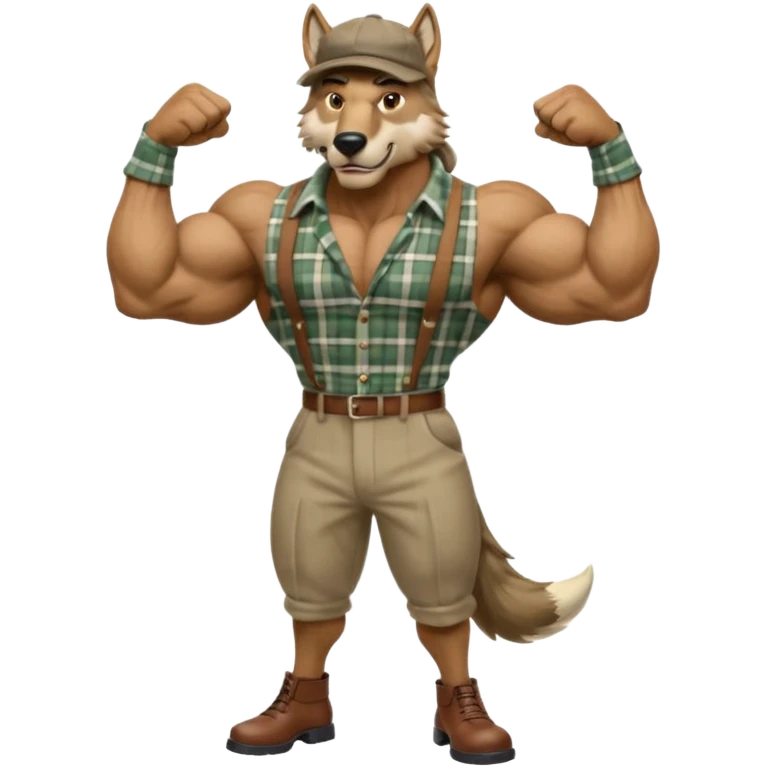 extremely super-duper hyper muscular wolf furry extremely exaggerated muscles with chiseled face, horse-length bullneck and an elongated snout, wearing a plaid dress shirt halfway buttoned, khaki dress slacks and very large newsboy cap on his head while flexing his bicep muscles emoji