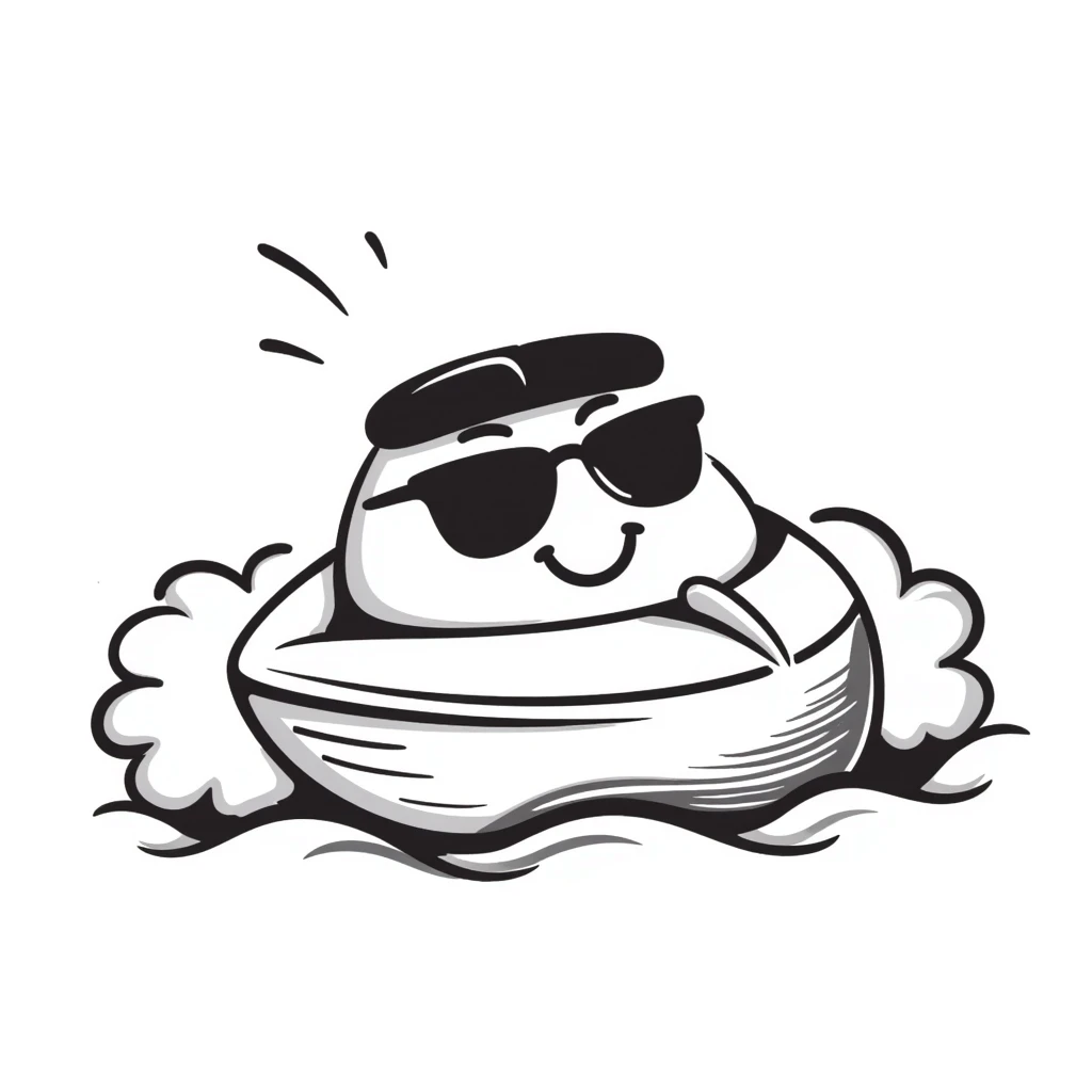 A hand-drawn speedboat with sunglasses and a cool grinning face emoji