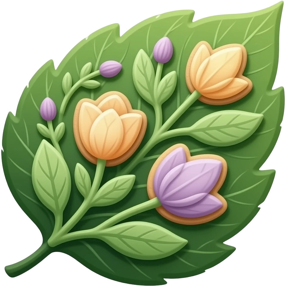 Elegant forest fairy cookies, delicate floral shapes, botanical icing, enchanted tea-time style, emerald green, amber, subtle violet accents. Laying on a leaf emoji