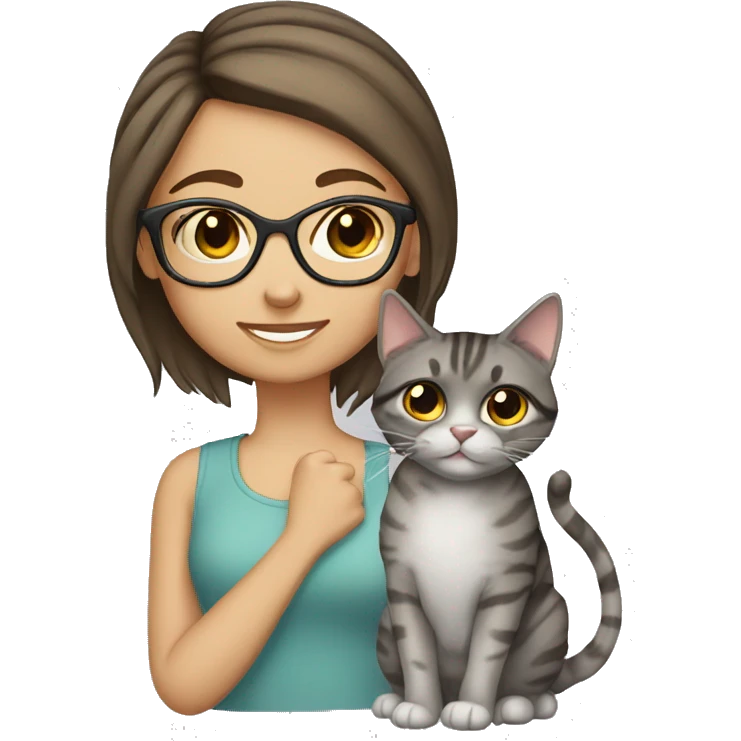 girl brown hair glasses with grey tabby cat emoji