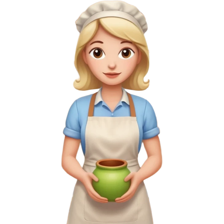 cartoon Apple iOS emoji style woman, pastel colors, Chilean wooden kitchen background, clay pots, warm light, detailed and clean vector art emoji