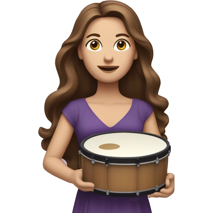 White woman standing with long flowing purple dress and long wavy brown hair holding a small handheld frame drum and a drum stick emoji