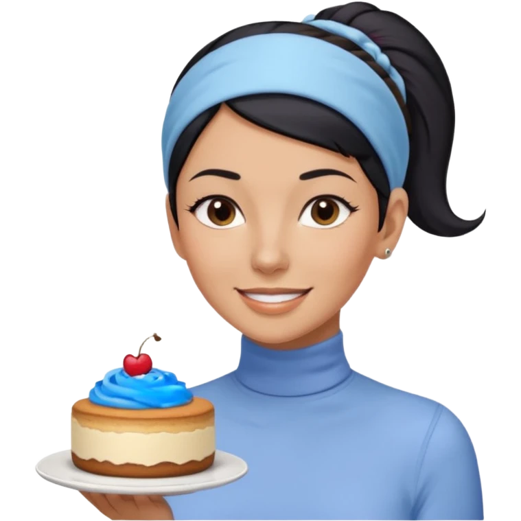  tan skin woman with long face, and short black hair slicked back ponytail with forehead showing, wearing a periwinkle colored headband and wearing pale blue turtleneck shirt, eating tiramisu smiling with hair pulled back emoji