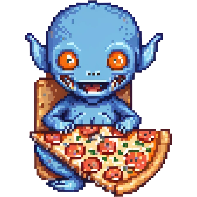 A cute blue alien happily munching on a slice of pizza emoji