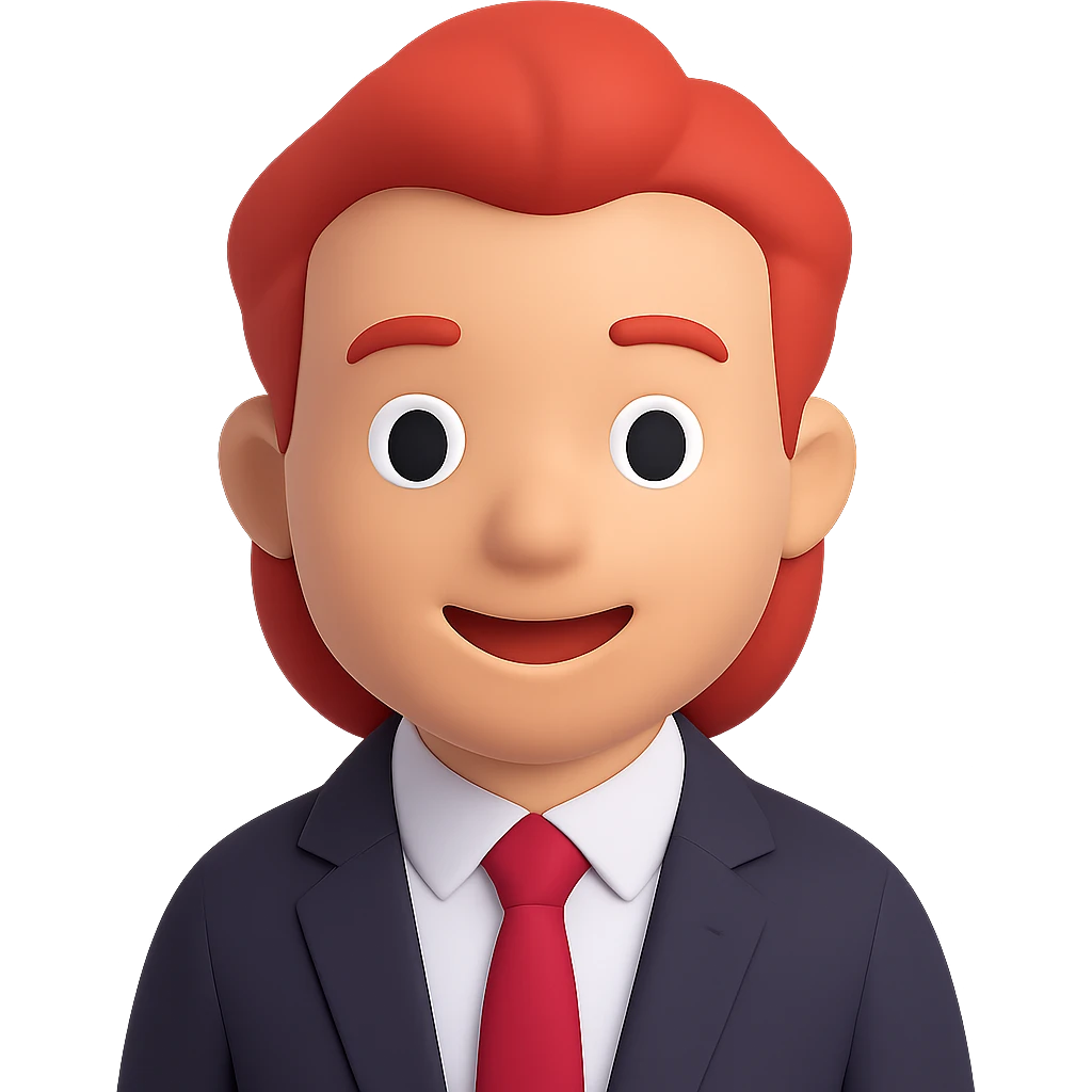 Headshot of a red-haired man in a black suit with a red tie, smiling, showing only the head and a bit of the torso, no beard, 3D emoji style, with no background. Use 3D emoji style as a reference for the general editor. emoji