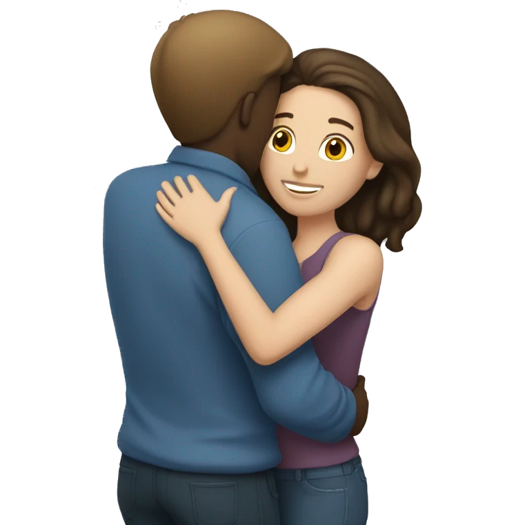 Brunette white woman brunette white man hug emoji