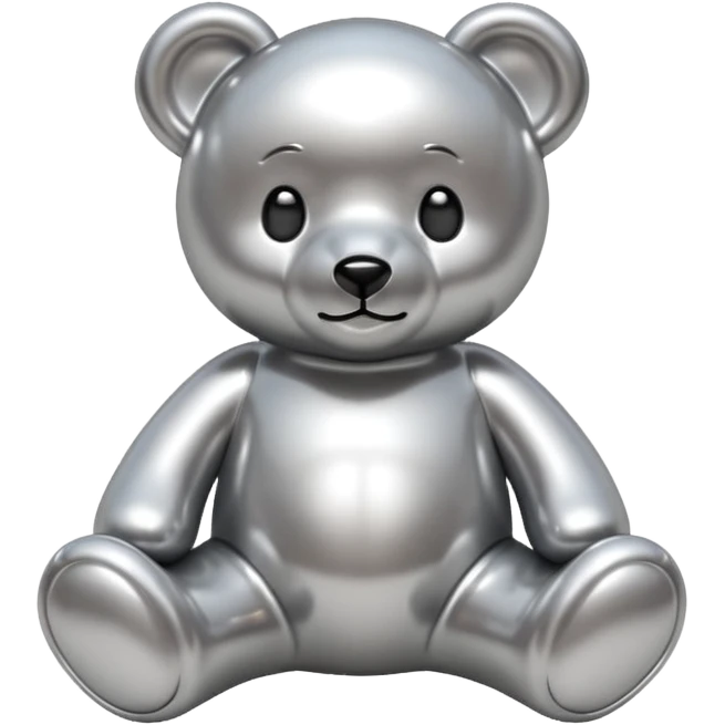 A cute teddy bear emoji made of liquid silver chrome, smooth rounded body, glossy metallic surface, soft reflections, friendly proportions, iOS emoji style, centered, clean white background emoji
