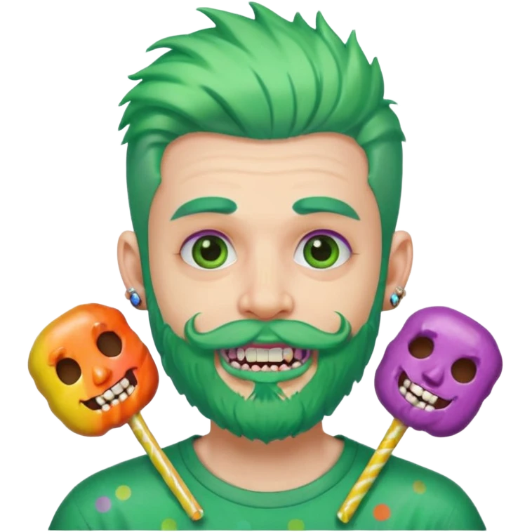 very colorful puffy green haired man just beard  no mustache made out of candy wearing teeth-braces and excessive face tattoos just face  emoji