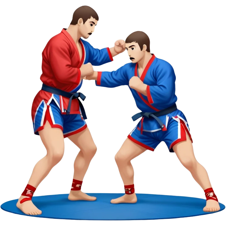 Two Sambo fighters in blue and red kimonos, with shorts and wrestling shoes, performing grappling and throwing techniques. The background shows a wrestling mat and an intense, focused atmosphere. Transparent background highlights the fluidity and skill of the sport without strikes. emoji