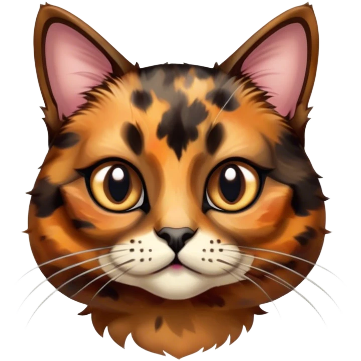Cinematic Cute Tortoiseshell Cat Portrait Emoji, Head cocked sweetly with bright, curious eyes and a cuddly, mottled fur of rich browns and blacks, simplified yet charmingly adorable, highly detailed, glowing with a warm, gentle radiance, high shine, playful and endearing, styled with a dash of whimsical feline magic, soft glowing outline, capturing the essence of a cute tortoiseshell cat that seems ready to pounce with affectionate mischief! emoji