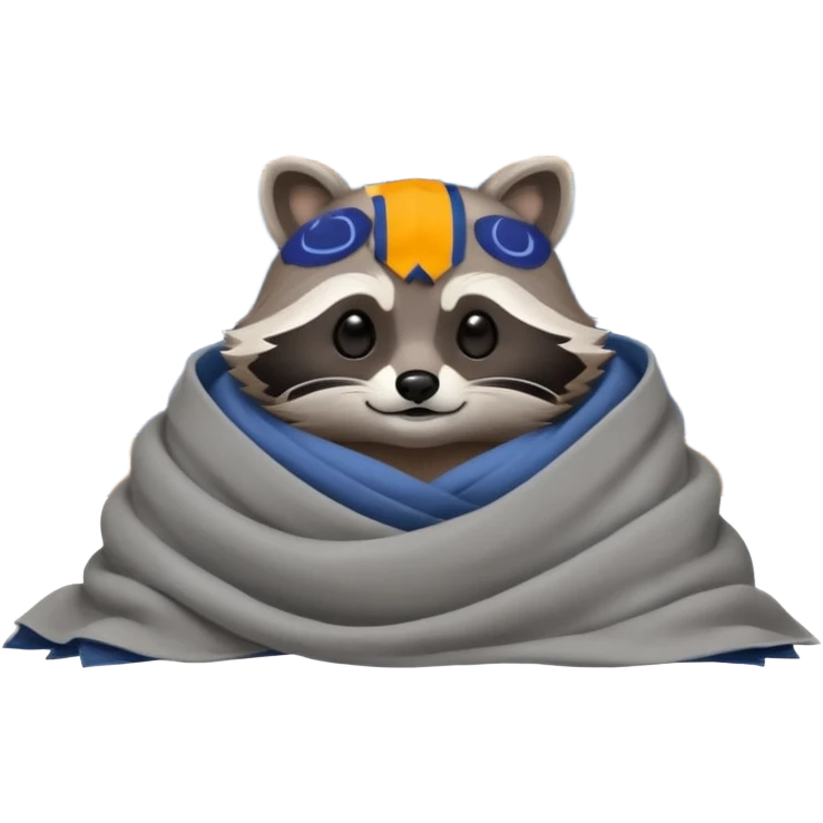 A raccoon sleeps under a blanket against the backdrop of an open window with the moon emoji