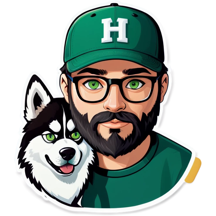 A bold man with a grey baseball cap, green eyes, big beard and glasses holding a husky dog emoji