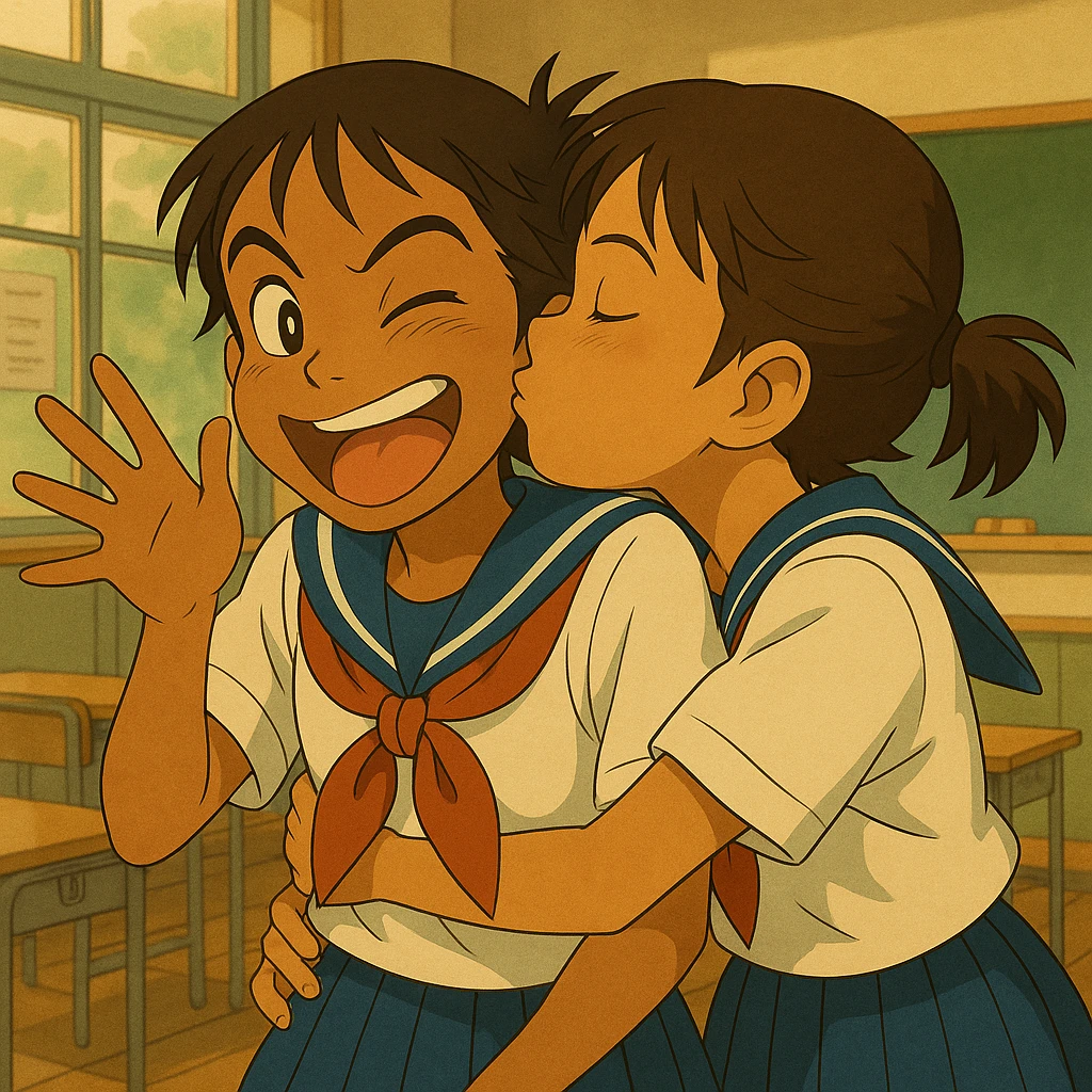 Add a friend to the Japanese brown-skinned high school girl, both in Tokyo school uniforms, sharing a quick, sneaky kiss on the cheek (classmate not shown), playful and energetic, Japanese classroom background, in Ghibli anime style. emoji