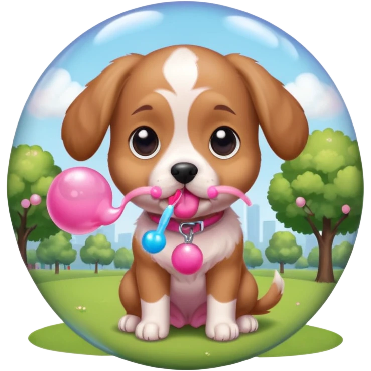 Cute tiny puppy blowing bubblegum at the park emoji