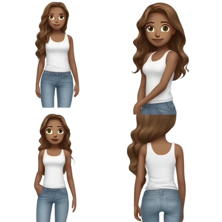 girl with long ￼layered hair hazelnut brown hair, dark green eyes and freckles standing wearing a white tank top and light blue denim jeans emoji