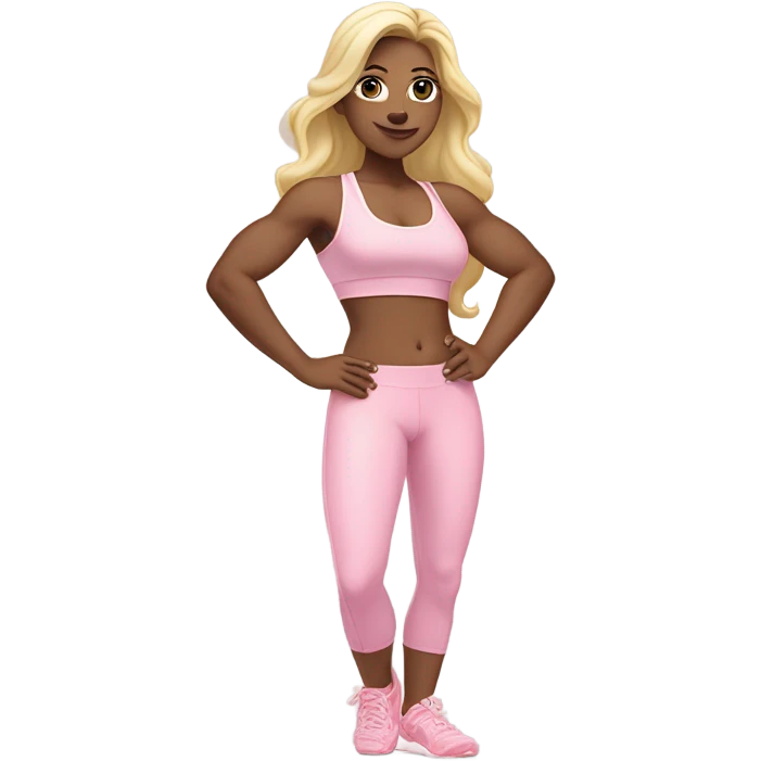 White woman, pale skin, long hair, blonde hair, wavy hair, baby pink sports bra, baby pink leggings, flexing right arm, left hand on hip emoji