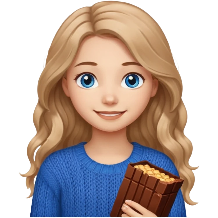 ЗГЕНЕРУЙ ДІВЧИНУ З СВІТЛИМ, ПШЕНИЧНИМ, ТРОХИ ХВИЛЯСТИМ ВОЛОССЯМ, ОДЯГНЕНУ У В'ЯЗАНИЙ ШОКОЛАДНИЙ СВЕТР. В НЕЇ ГОЛУБІ ОЧІ ТА ДОВГЕ ВОЛОССЯ, ВОНА УСМІХНЕНА emoji