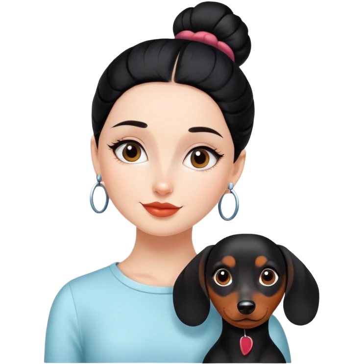 A beautiful girl with a black bun and a dachshund.
 emoji