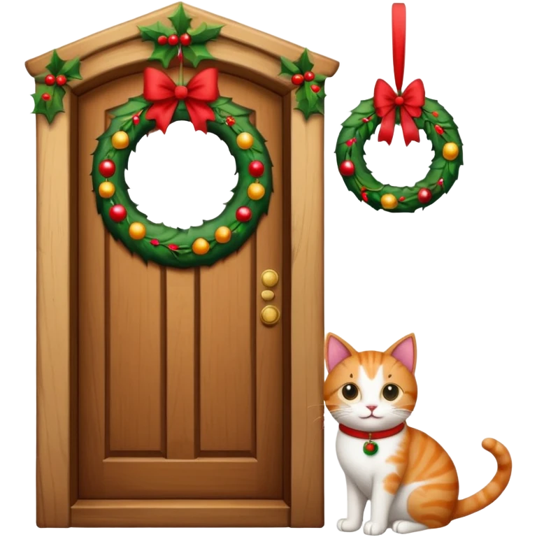 A door with a cat in front of it with h christmas elements on the door emoji