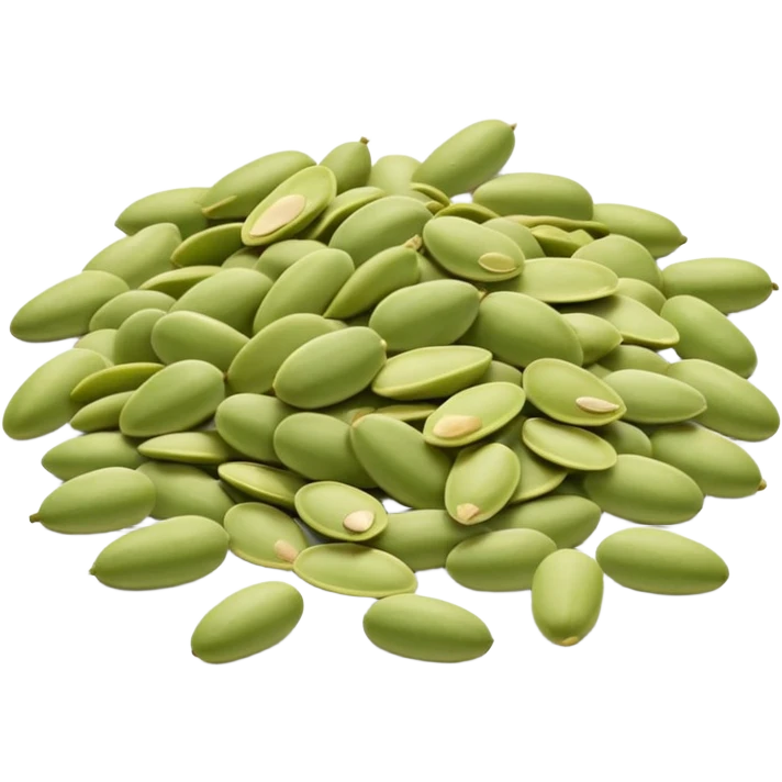 loose scatter of pale green pumpkin seeds with smooth, flat, oval shapes and a soft matte surface, seeds vary slightly in size and tone, natural shelled presentation, no bowl or extras, soft lighting, subtle shadows, emoji scale emoji