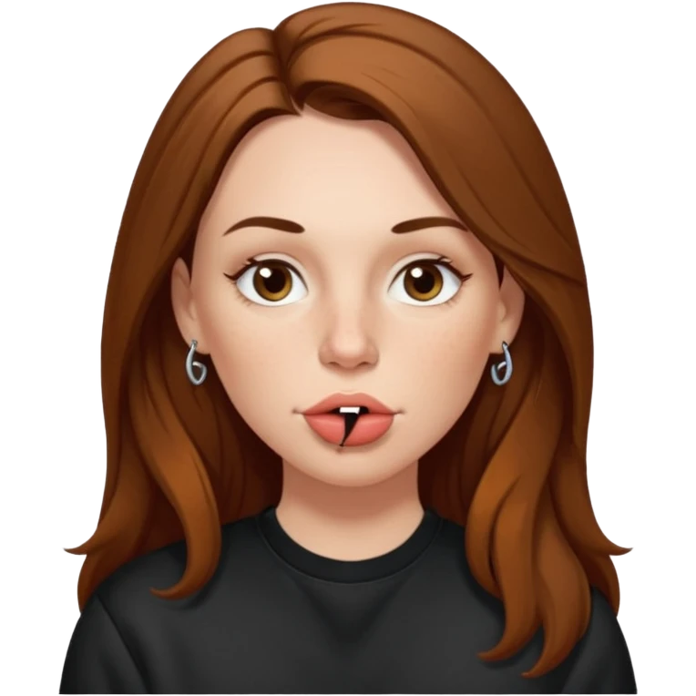 A 38 year old white woman with long brunette hair parted in the middle. She has her nose pierced. Her nose is medium sized. She has brown eyes. She has freckles and is wearing a black sweatshirt and is making a kissing mouth. emoji