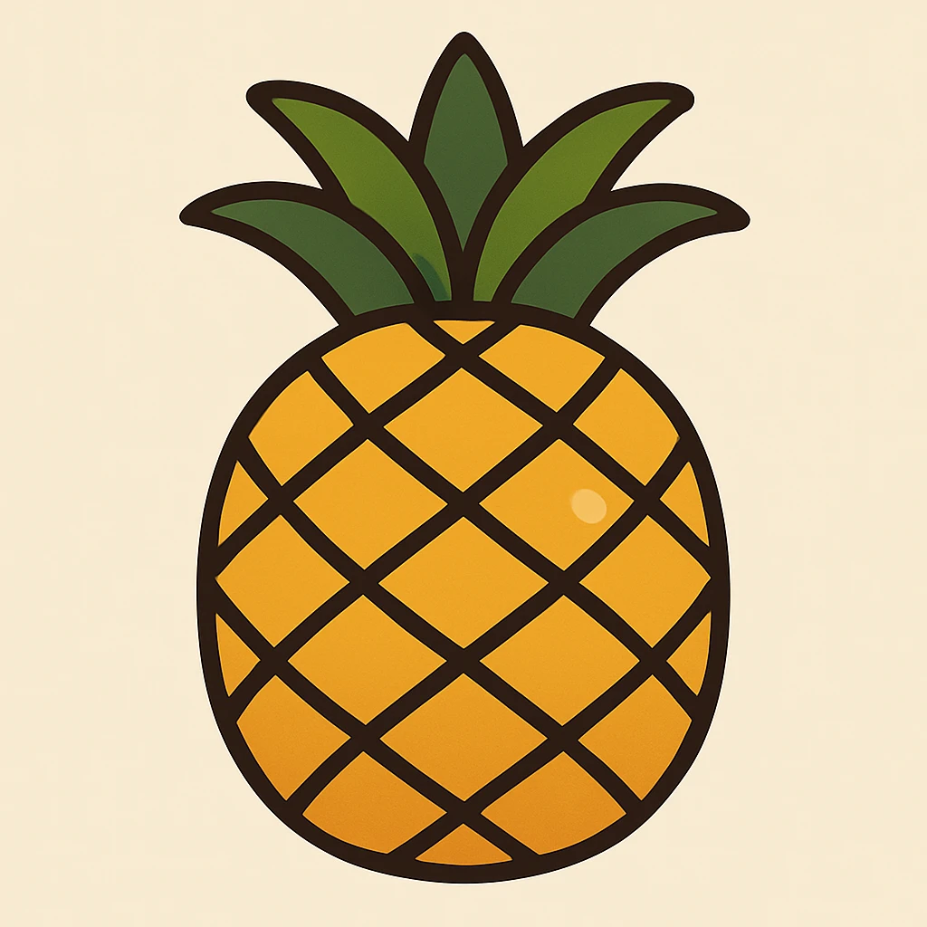 Create a pineapple emoji in a flat toon style with flat, simple shapes, soft shading, bold outlines, a friendly emoji look, and add a subtle highlight on the surface, closely matching the reference image. emoji