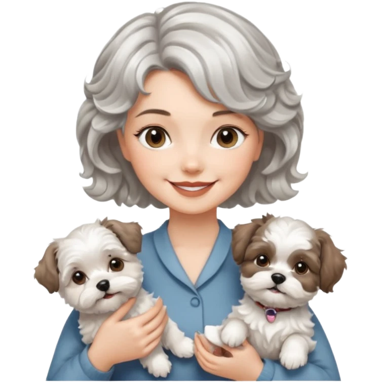 silver, short, wavy-haired with loose curls, smiling pretty lady holding a westie terrier dog and a shih tzu dog emoji
