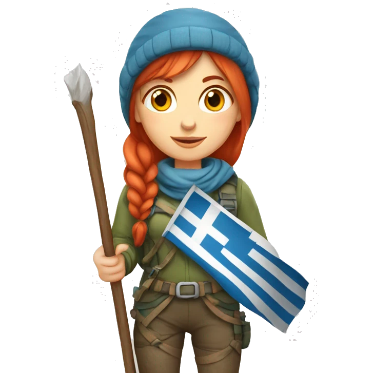 female winter mountaineer red hair holding greek flag and easter egg emoji
