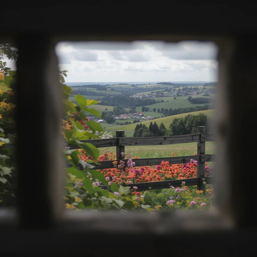 "Two shot" in the foreground, blurred plants in the foreground (frame within a frame), a wooden fence and colorfull flowers in the midground, Poland, rolling hills in the background, cinematic depth of field, layered composition, natural lighting emoji
