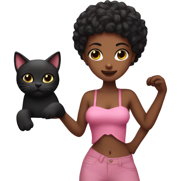 A Lantia girl wearing a pink tube top and she is holding a black cat emoji