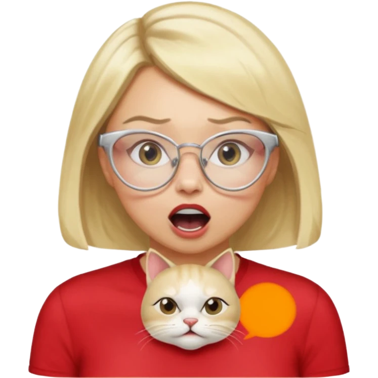 emoji style, side view woman with light skin, blonde bob hair, white cat-eye glasses, red shirt, hand cupped tightly around her mouth, hand close to nose and lips, shouting loudly, energetic expression, simple background emoji