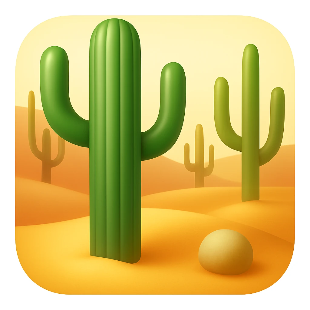Create a desert emoji exactly like the reference image in iOS emoji style. Include the same cacti, sand, and colors with a smooth and shiny appearance. Add a slight blush to the sand. emoji