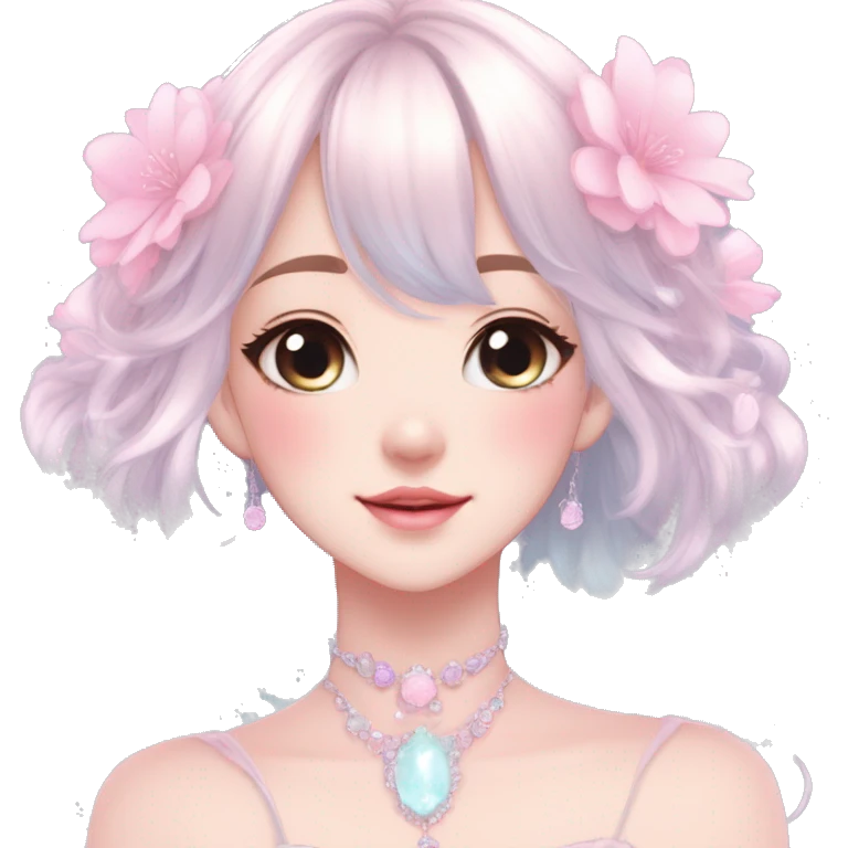 Dreamy pretty elegant kawaii shiny blushing shy anime pastel lady kawaii beautiful hair naturecore fairycore cottagecore jewels trending aesthetic full body emoji