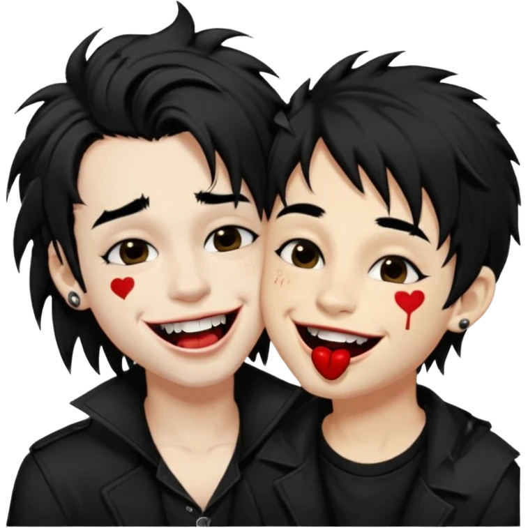 Laughing pale Goth boy with a bunch of face piercings, with shaggy dark brown hair, and messy black eyeliner , smudged, red, lipstick , kissing tan boy with long black hair  emoji