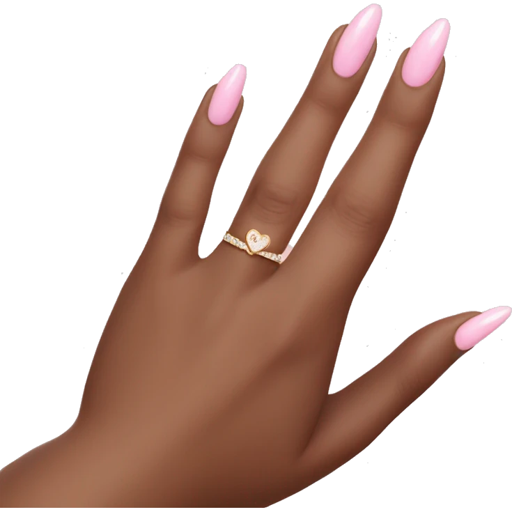 brown hand with light pink french tip nails with heart on ring finger and pear shaped diamond ring on ring finger, left hand emoji