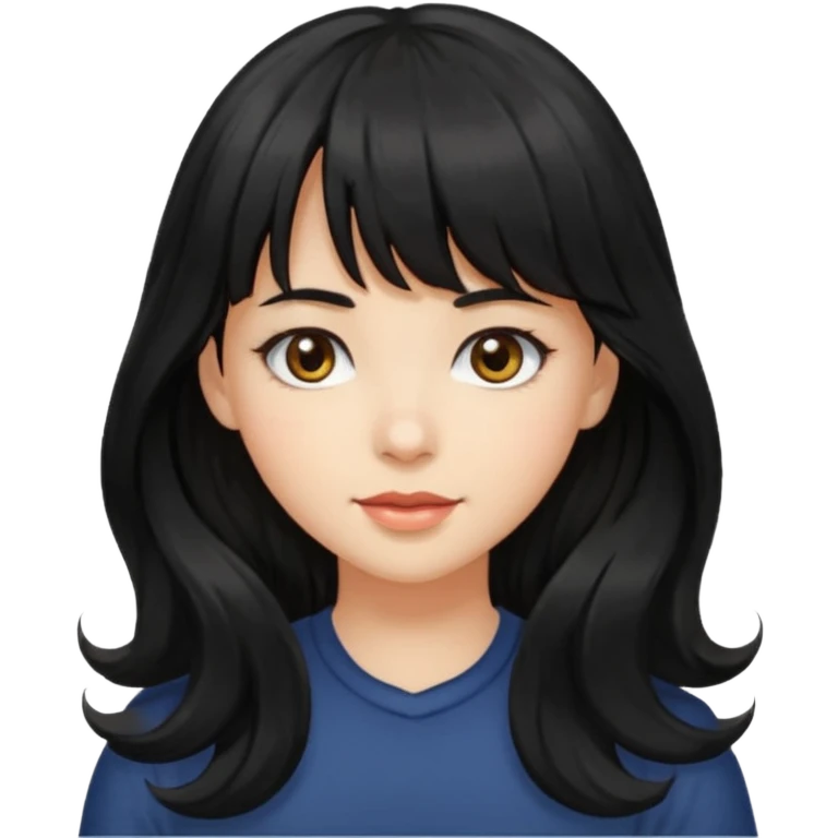 A girl with long, wavy black hair with bangs and medium-sized hazel eyes emoji