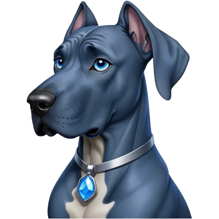 Cinematic Noble Blue Great Dane Portrait Emoji, Poised and regal, with a towering, muscular build and a sleek, well-groomed deep blue Fur, deep-set soulful steel-blue eyes, Simplified yet sharp and sophisticated features, highly detailed, glowing with a cool, dignified glow, high shine, intelligent and commanding, stylized with an air of majesty, focused and attentive, soft glowing outline, capturing the essence of a watchful and authoritative guardian, so majestic it feels as though it could stride out of the screen with effortless authority! emoji