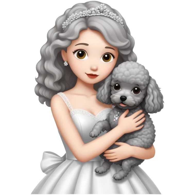 beautiful girl in a wedding dress hugging a small gray poodle emoji