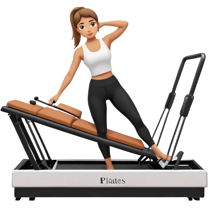 Girl on a Pilates reformer machine, mid-exercise, wearing leggings and a top






 emoji