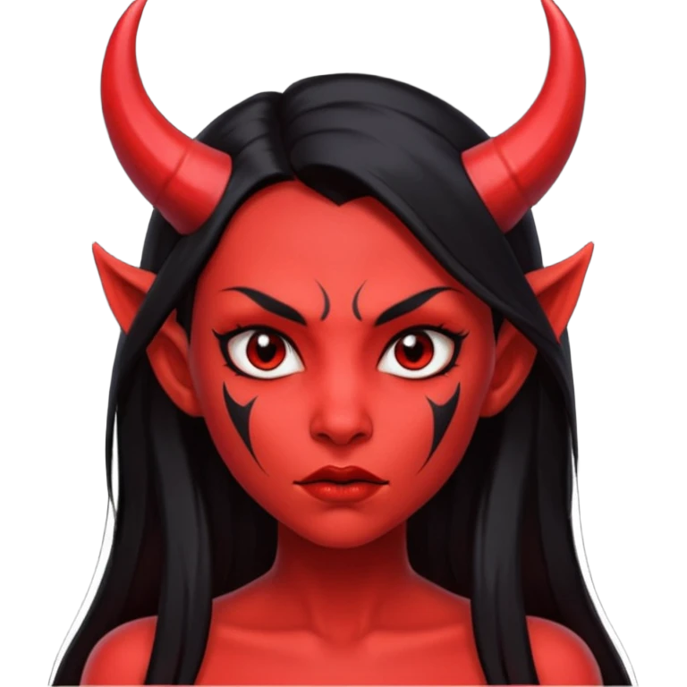 Head only demon girl; face with pronounced cheekbones and angular jaw; skin is uniform pure red (#FF0000) everywhere; long straight smooth black hair; small horns emoji