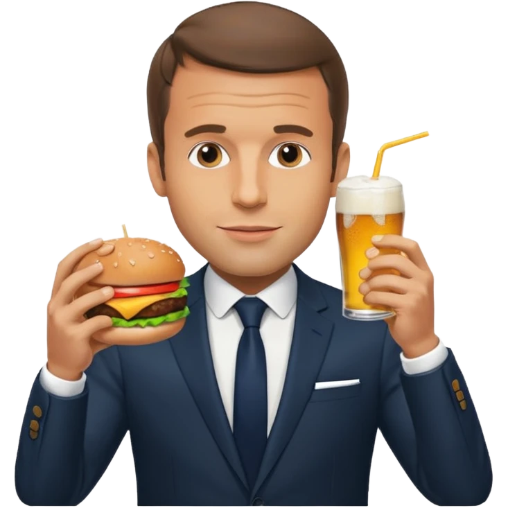 Emmanuel Macron eating a burger with a beer emoji