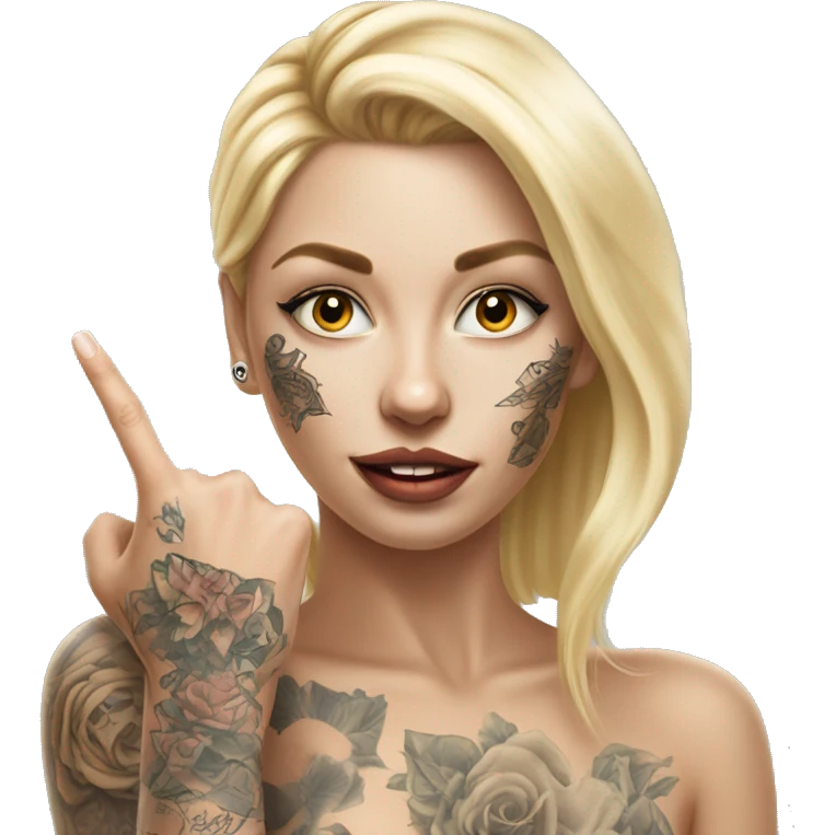 Blonde elegant women, her Body Covered with Tattoos, POINTING YOU FORWARD with her HAND with INDEX FINGER, Hyper realistic emoji