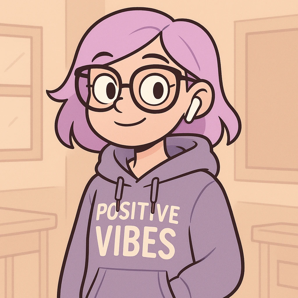 cute and modern digital avatar of a teenage girl with pastel lavender dyed hair, oversized glasses, stylish hoodie with English phrases, wireless earbuds, confident and friendly expression, standing in front of a soft background with abstract classroom or city elements, clean 2D digital illustration, slightly cartoonish but polished, Instagram-style color palette emoji