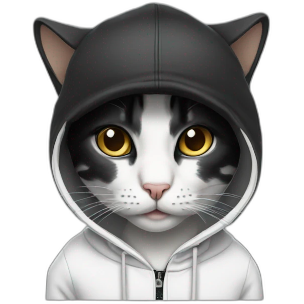 cat wearing a black ball cap and a white hoodie with the hood up emoji
